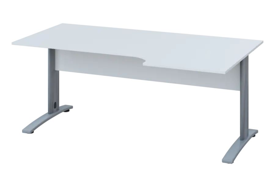 ERK 18 - 186 stůl kancelářský, rohový, pravý, kovová podnož stříbrná, deska 18 mm, široký 1800 mm, bílá